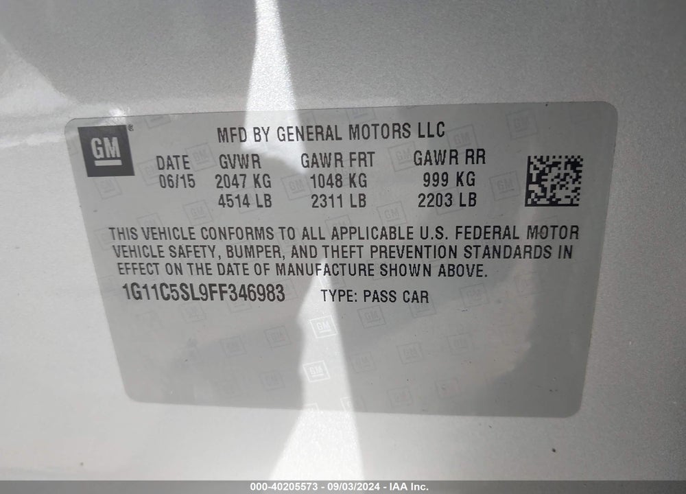 2015 CHEVROLET MALIBU 1LT VIN: 1G11C5SL9FF346983