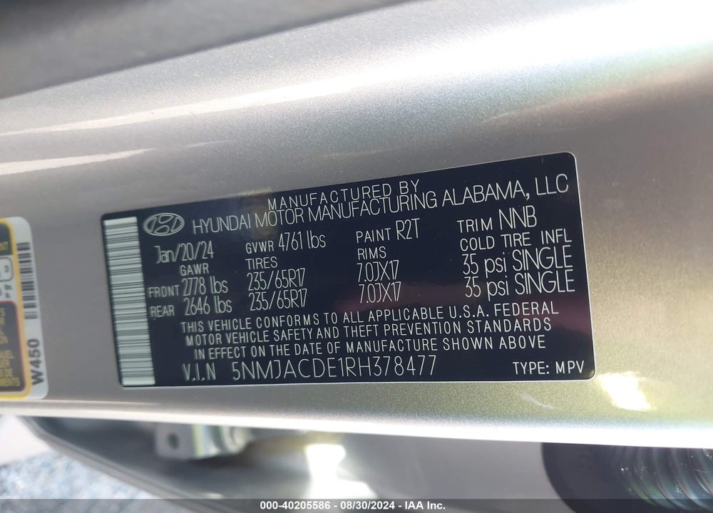 2024 HYUNDAI TUCSON SE VIN: 5NMJACDE1RH378477