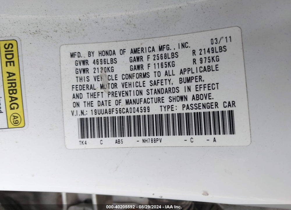 2012 ACURA TL 3.5 VIN: 19UUA8F56CA004599
