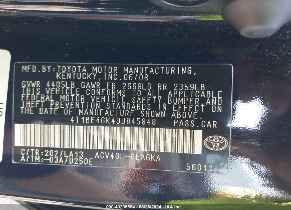 2009 TOYOTA CAMRY XLE VIN: 4T1BE46K49U845848