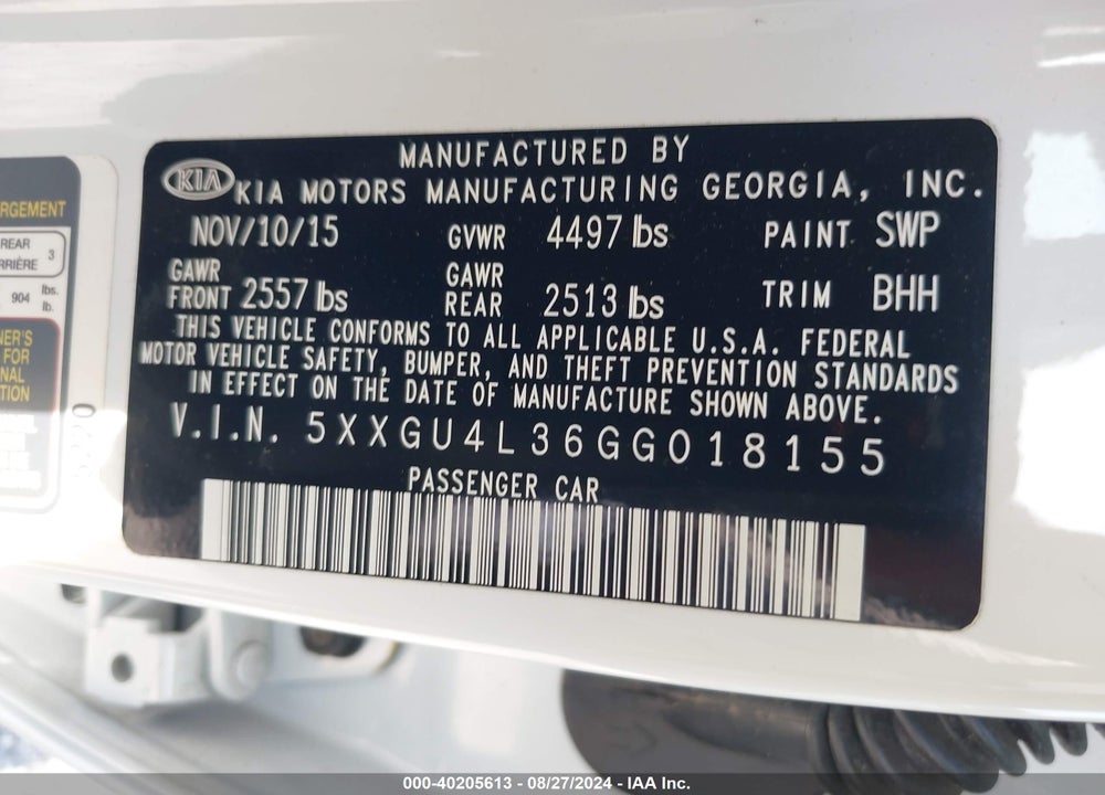 2016 KIA OPTIMA EX VIN: 5XXGU4L36GG018155