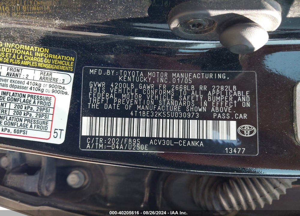 2005 TOYOTA CAMRY STD/ VIN: 4T1BE32K55U030973