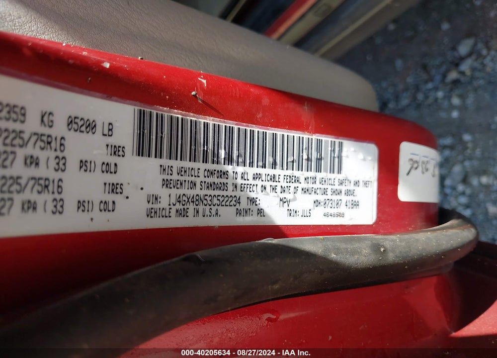 2003 JEEP GRAND CHEROKEE LAREDO VIN: 1J4GX48N53C522234
