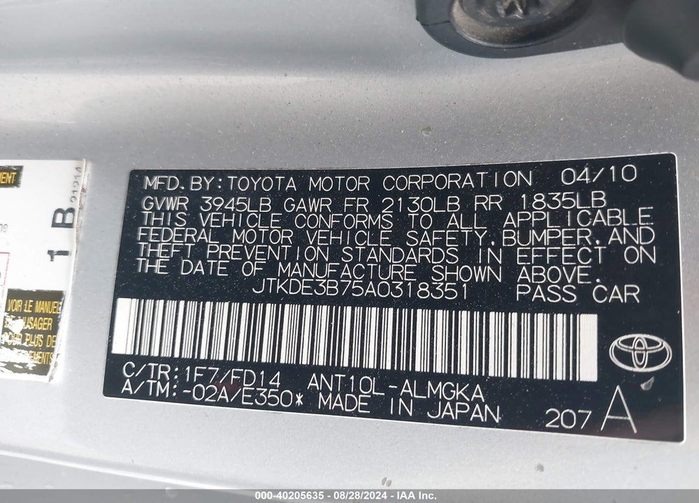 2010 SCION TC VIN: JTKDE3B75A0318351