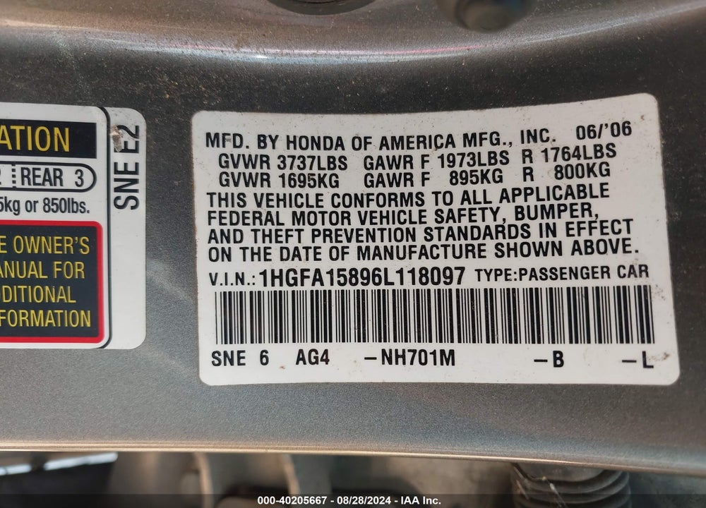 2006 HONDA CIVIC EX VIN: 1HGFA15896L118097