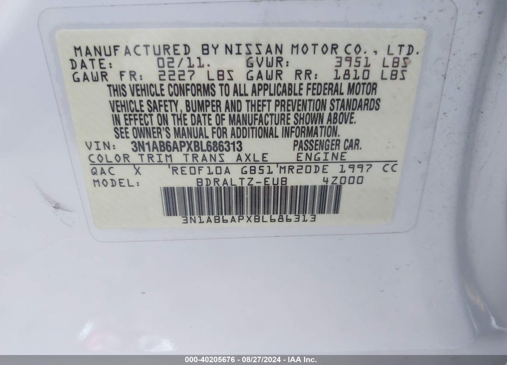 2011 NISSAN SENTRA 2.0S VIN: 3N1AB6APXBL686313