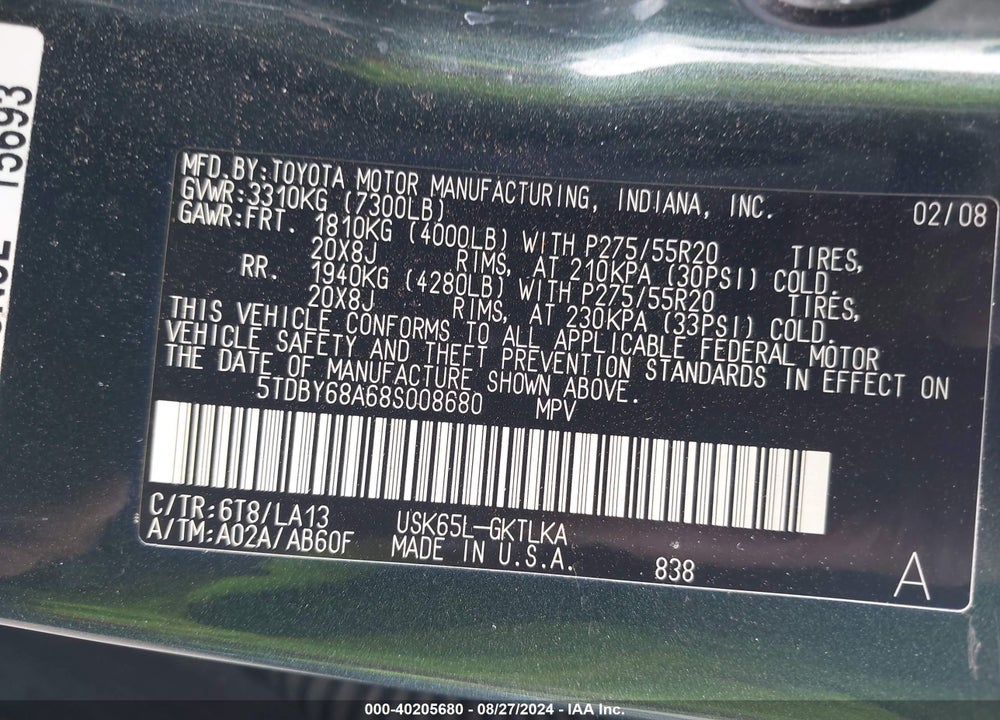 2008 TOYOTA SEQUOIA LIMITED 5.7L V8 VIN: 5TDBY68A68S008680