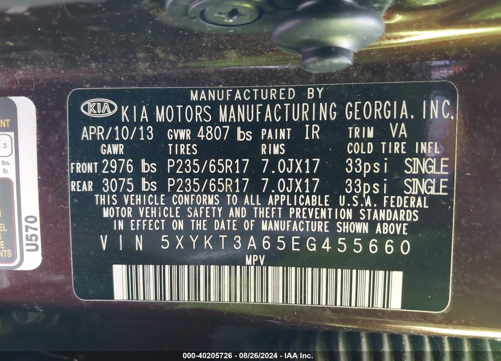 2014 KIA SORENTO LX VIN: 5XYKT3A65EG455660