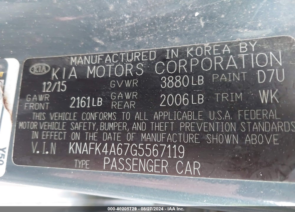 2016 KIA FORTE LX VIN: KNAFK4A67G5567119