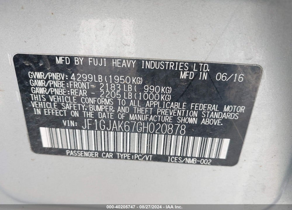 2016 SUBARU IMPREZA 2.0I LIMITED VIN: JF1GJAK67GH020878