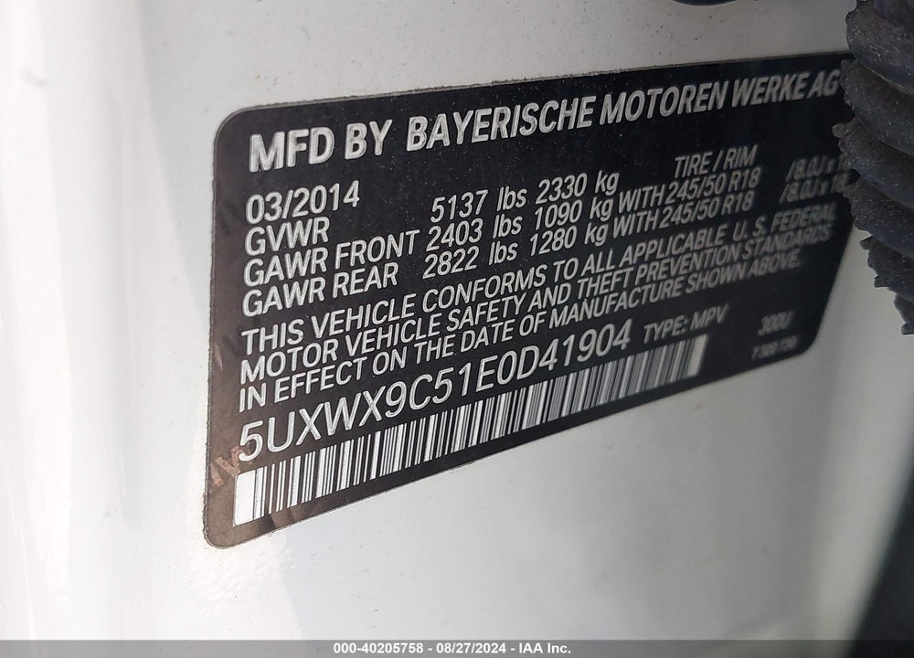 2014 BMW X3 XDRIVE28I VIN: 5UXWX9C51E0D41904