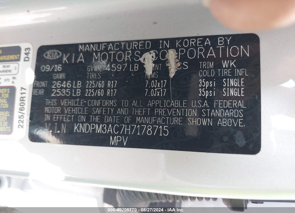 2017 KIA SPORTAGE LX VIN: KNDPM3AC7H7178715