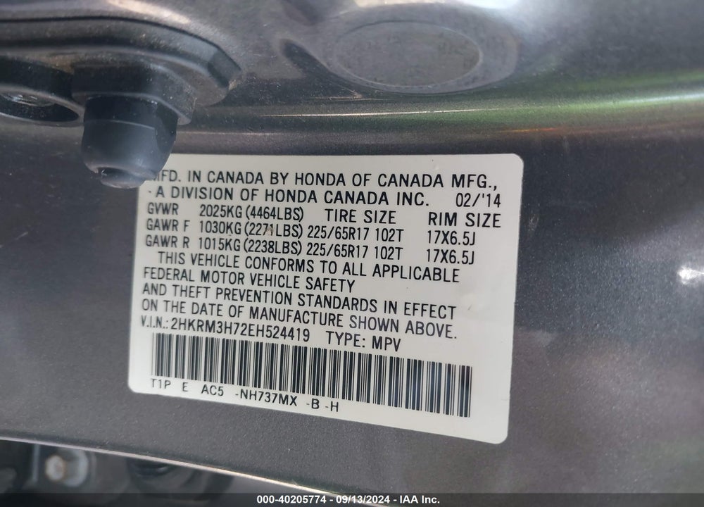 2014 HONDA CR-V EX-L VIN: 2HKRM3H72EH524419