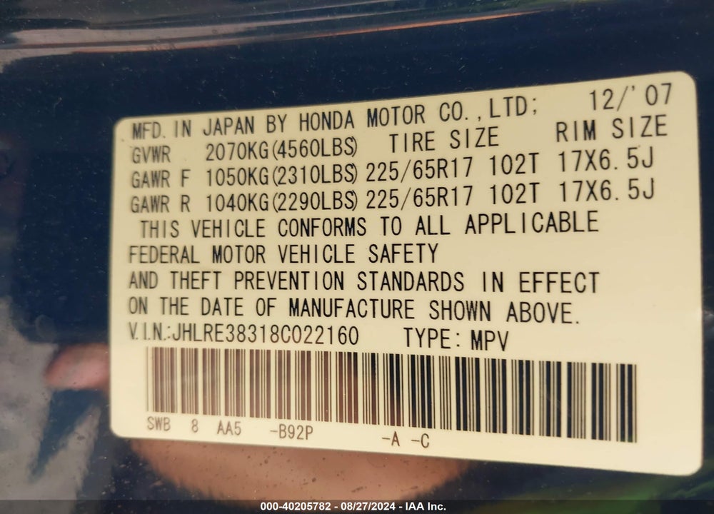 2008 HONDA CR-V LX VIN: JHLRE38318C022160