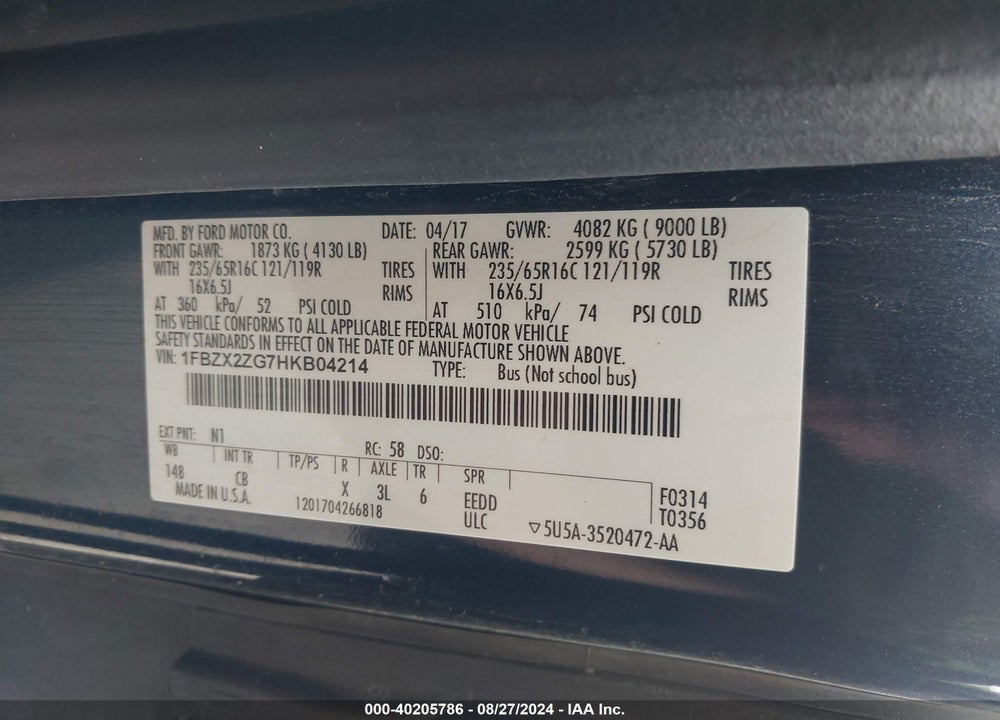 2017 FORD TRANSIT-350 VIN: 1FBZX2ZG7HKB04214