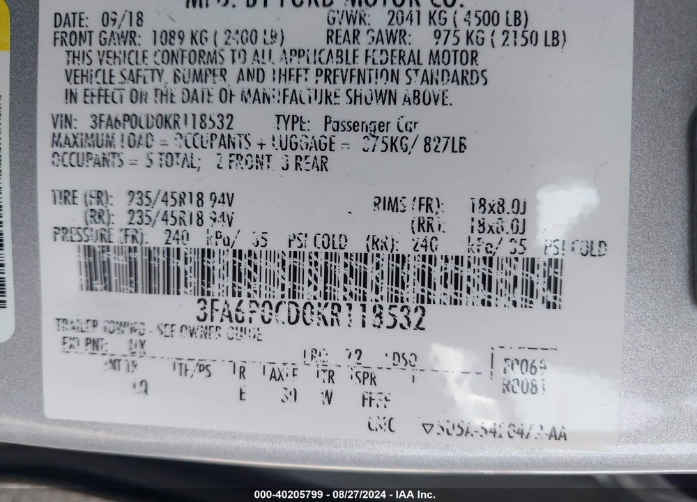 2019 FORD FUSION SEL VIN: 3FA6P0CD0KR118532