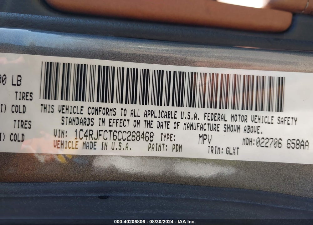 2012 JEEP GRAND CHEROKEE OVERLAND VIN: 1C4RJFCT6CC268468