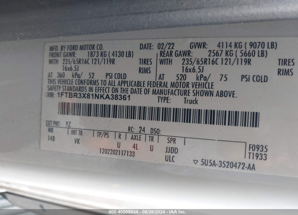 2022 FORD TRANSIT-250 CARGO VAN VIN: 1FTBR3X81NKA38361