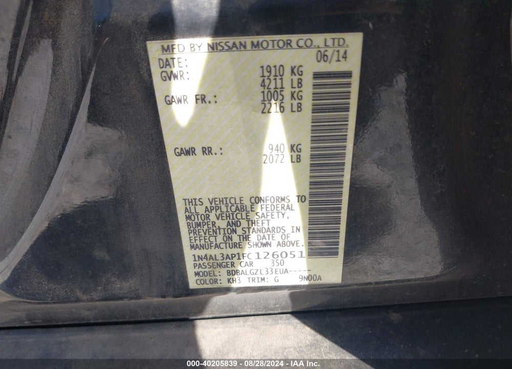 2015 NISSAN ALTIMA 2.5/2.5 S/2.5 SL/2.5 SV VIN: 1N4AL3AP1FC126051