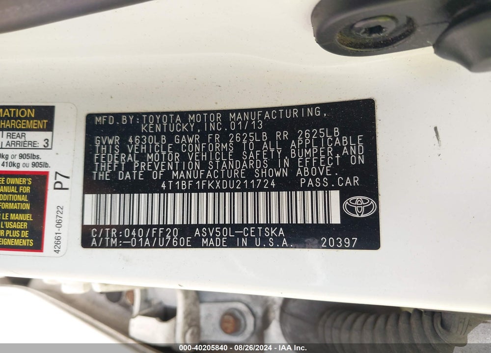 2013 TOYOTA CAMRY SE VIN: 4T1BF1FKXDU211724