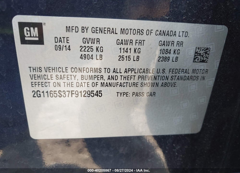 2015 CHEVROLET IMPALA 2LZ VIN: 2G1165S37F9129545