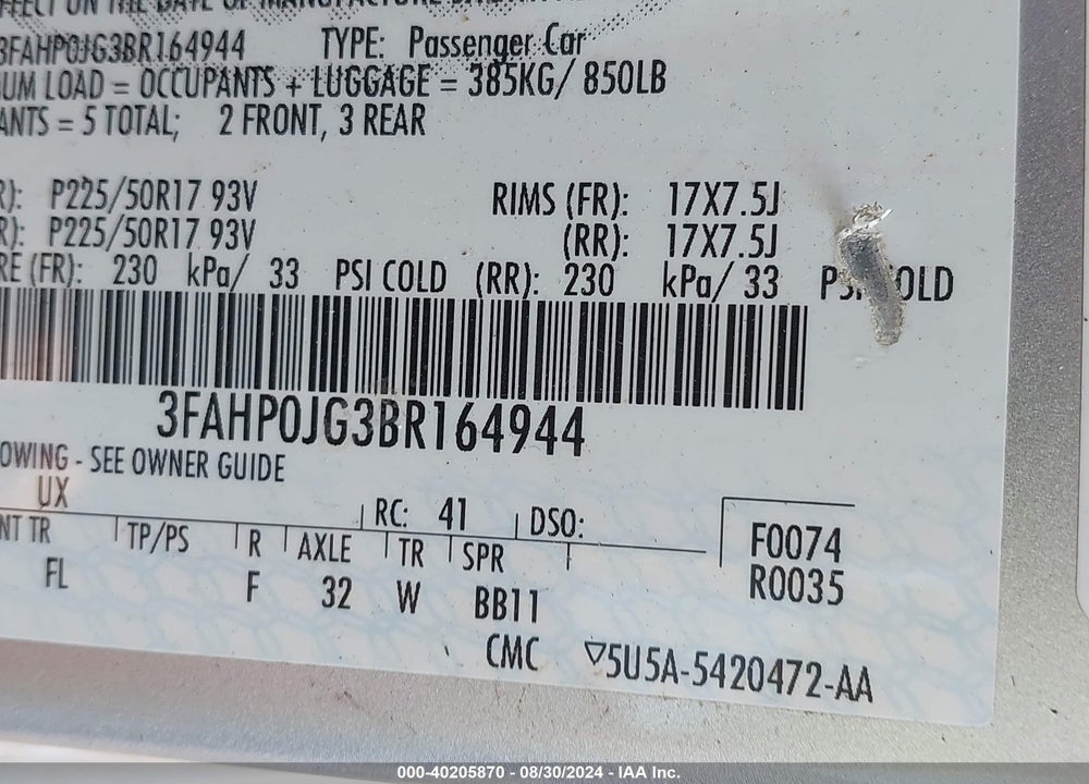 2011 FORD FUSION SEL VIN: 3FAHP0JG3BR164944