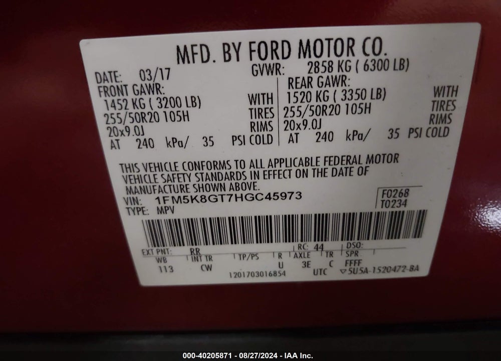 2017 FORD EXPLORER SPORT VIN: 1FM5K8GT7HGC45973