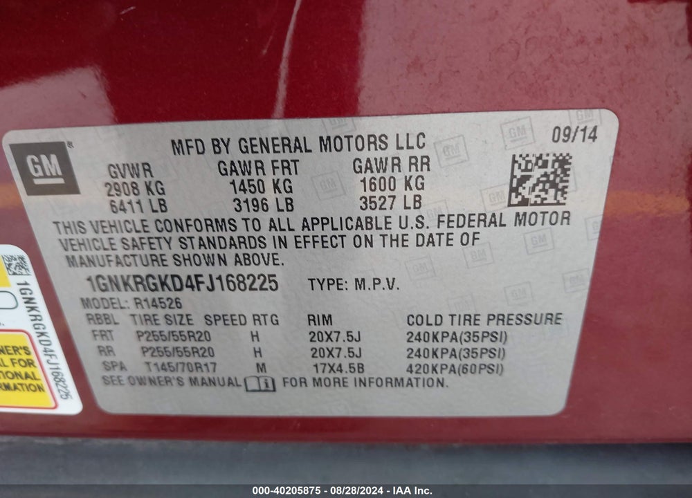2015 CHEVROLET TRAVERSE 1LT VIN: 1GNKRGKD4FJ168225