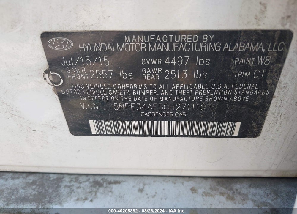 2016 HYUNDAI SONATA SPORT VIN: 5NPE34AF5GH271110