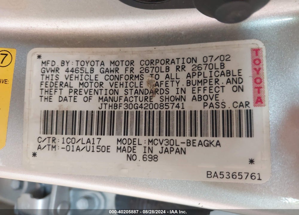2002 LEXUS ES 300 VIN: JTHBF30G420085741