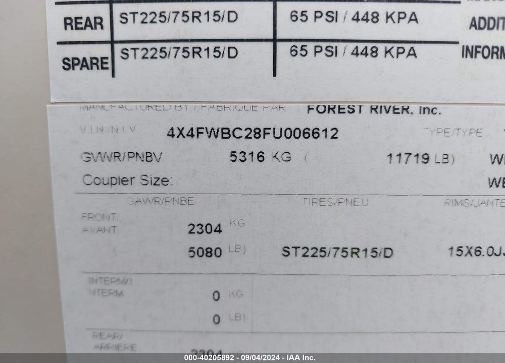 2015 FOREST RIVER CAMPER TRLR VIN: 4X4FWBC28FU006612