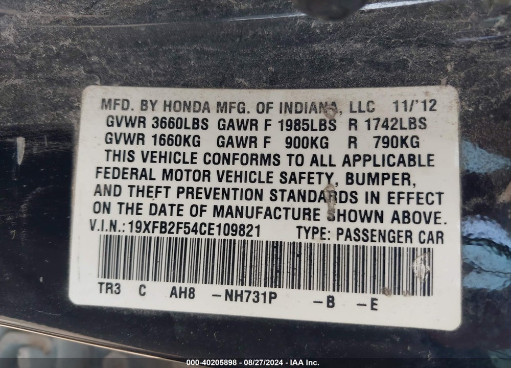 2012 HONDA CIVIC LX VIN: 19XFB2F54CE109821