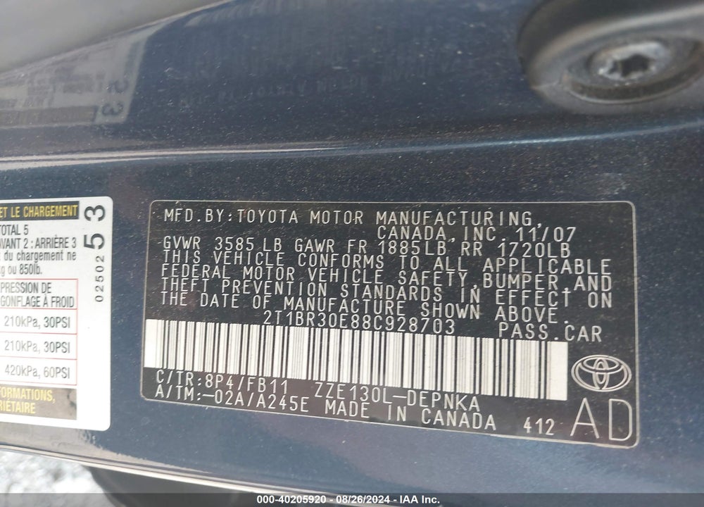 2008 TOYOTA COROLLA LE VIN: 2T1BR30E88C928703