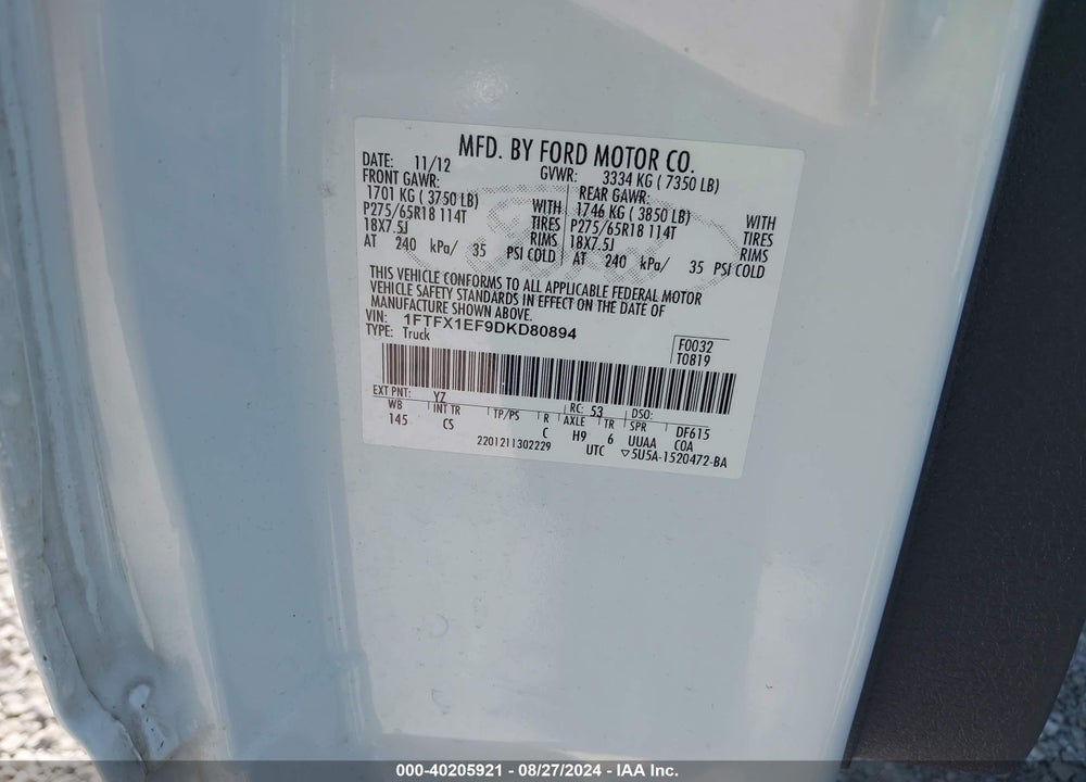 2013 FORD F-150 STX VIN: 1FTFX1EF9DKD80894