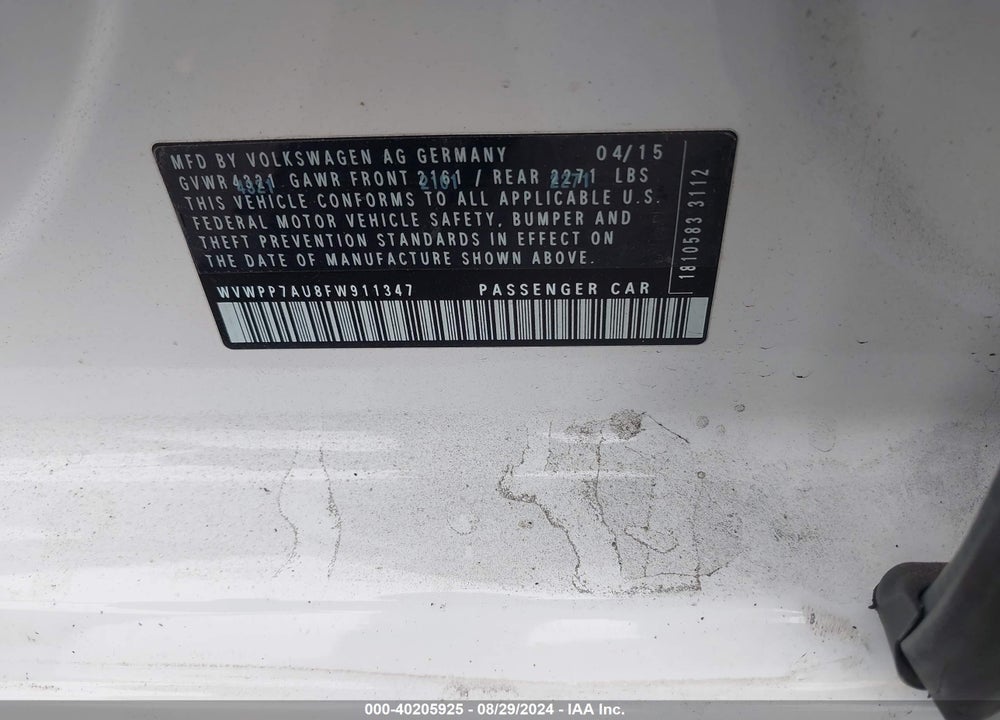 2015 VOLKSWAGEN E-GOLF SEL PREMIUM VIN: WVWPP7AU8FW911347