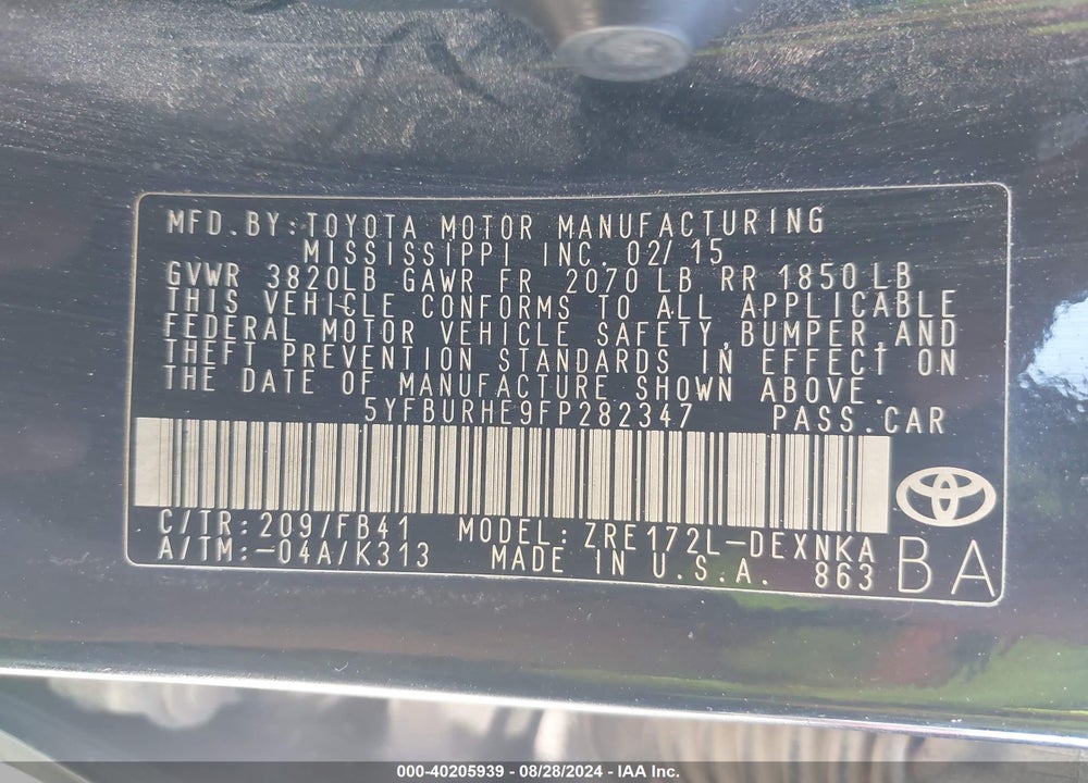 2015 TOYOTA COROLLA LE PLUS VIN: 5YFBURHE9FP282347