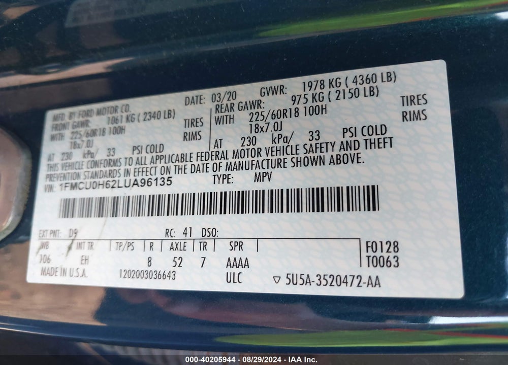 2020 FORD ESCAPE SEL VIN: 1FMCU0H62LUA96135
