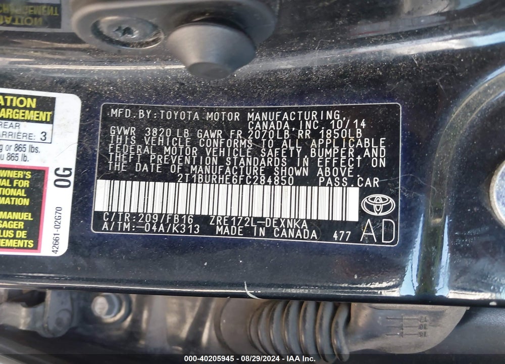 2015 TOYOTA COROLLA LE VIN: 2T1BURHE6FC284850
