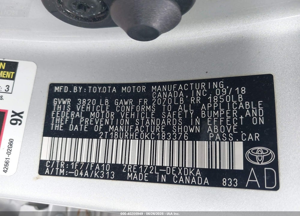 2019 TOYOTA COROLLA VIN: 2T1BURHE0KC183376