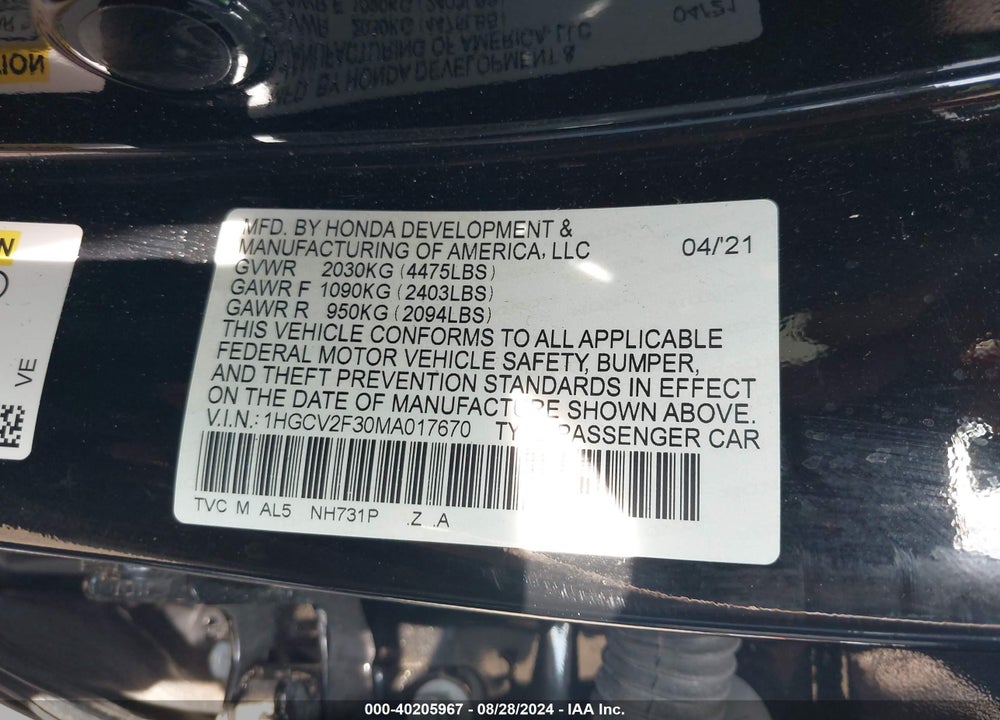 2021 HONDA ACCORD SPORT 2.0T VIN: 1HGCV2F30MA017670