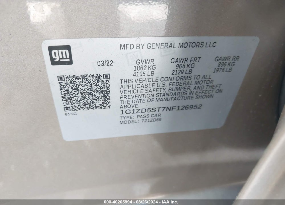 2022 CHEVROLET MALIBU FWD LT VIN: 1G1ZD5ST7NF126952