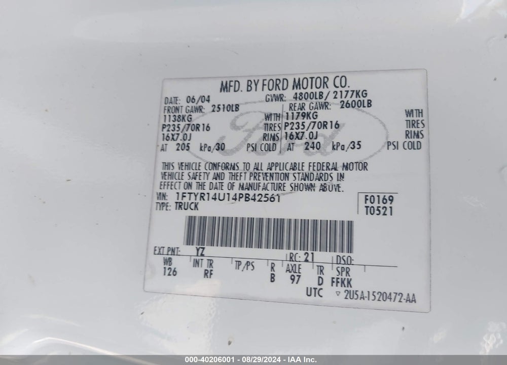 2004 FORD RANGER EDGE/TREMOR/XL/XLT VIN: 1FTYR14U14PB42561