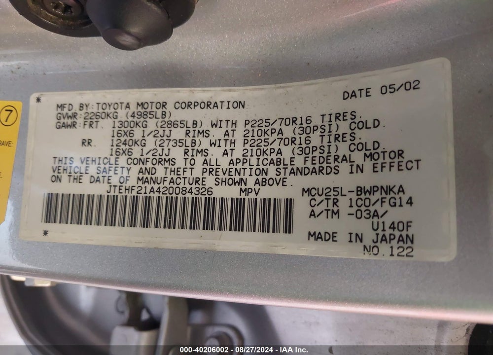 2002 TOYOTA HIGHLANDER V6 VIN: JTEHF21A420084326