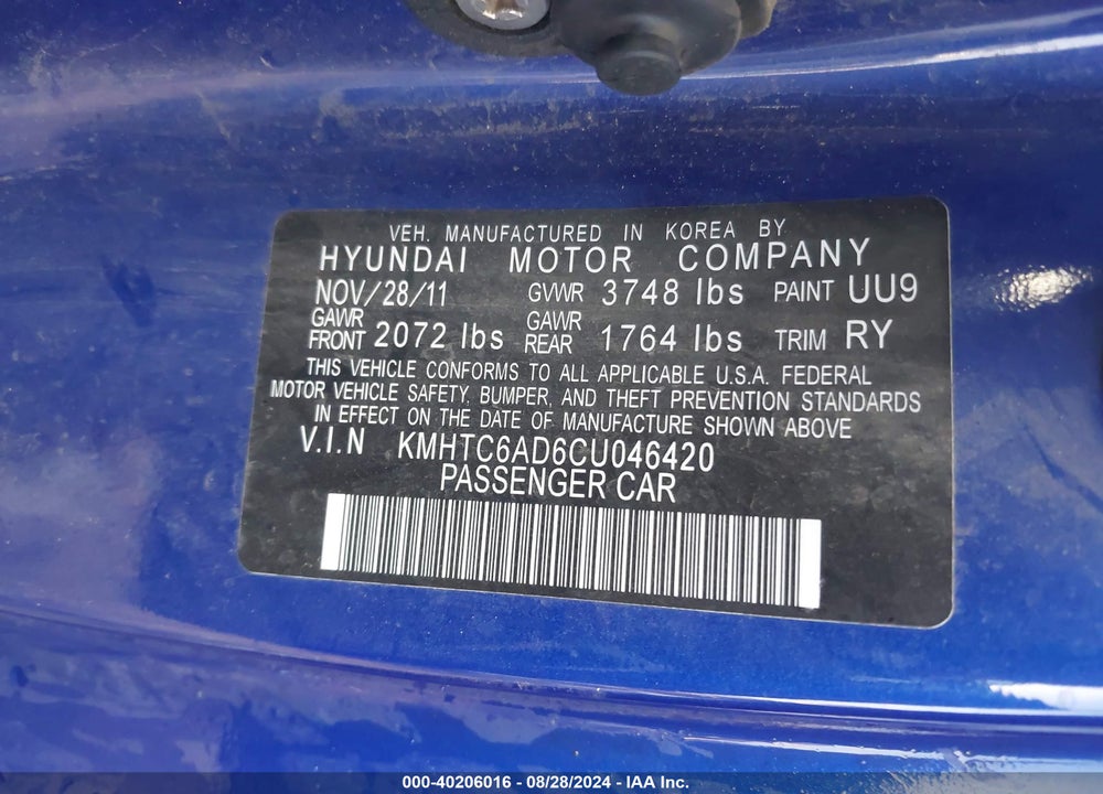 2012 HYUNDAI VELOSTER BASE W/BLACK VIN: KMHTC6AD6CU046420