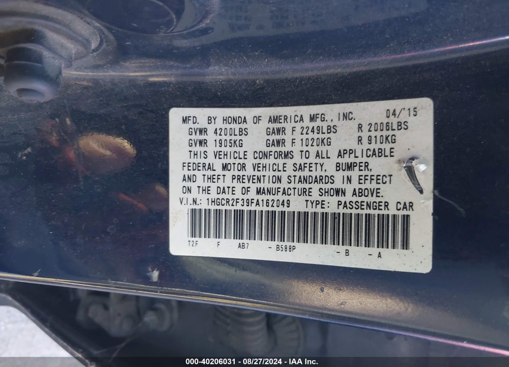 2015 HONDA ACCORD LX VIN: 1HGCR2F39FA162049