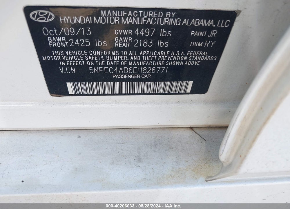 2014 HYUNDAI SONATA SE 2.0T VIN: 5NPEC4AB6EH826771