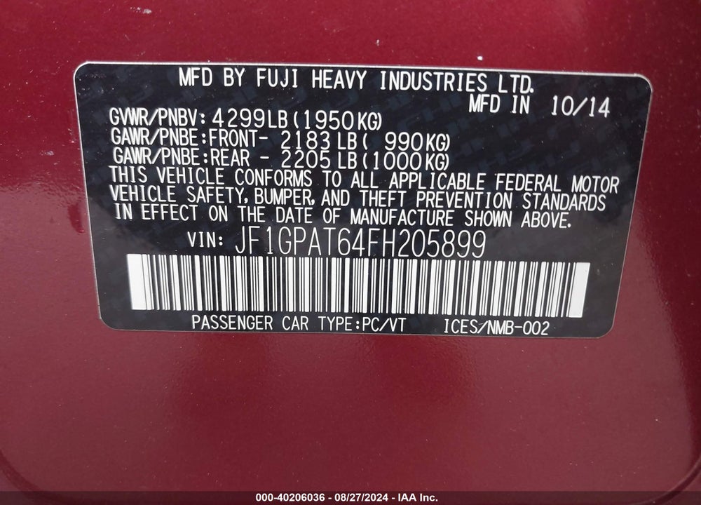 2015 SUBARU IMPREZA 2.0I SPORT PREMIUM VIN: JF1GPAT64FH205899