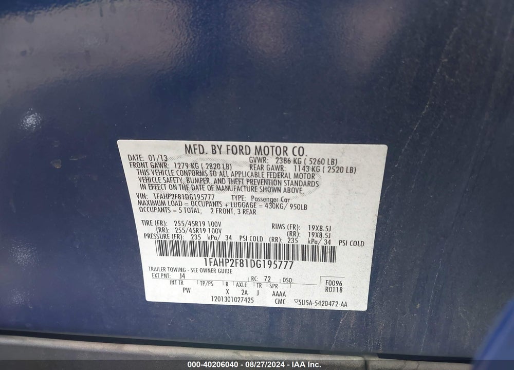 2013 FORD TAURUS LIMITED VIN: 1FAHP2F81DG195777