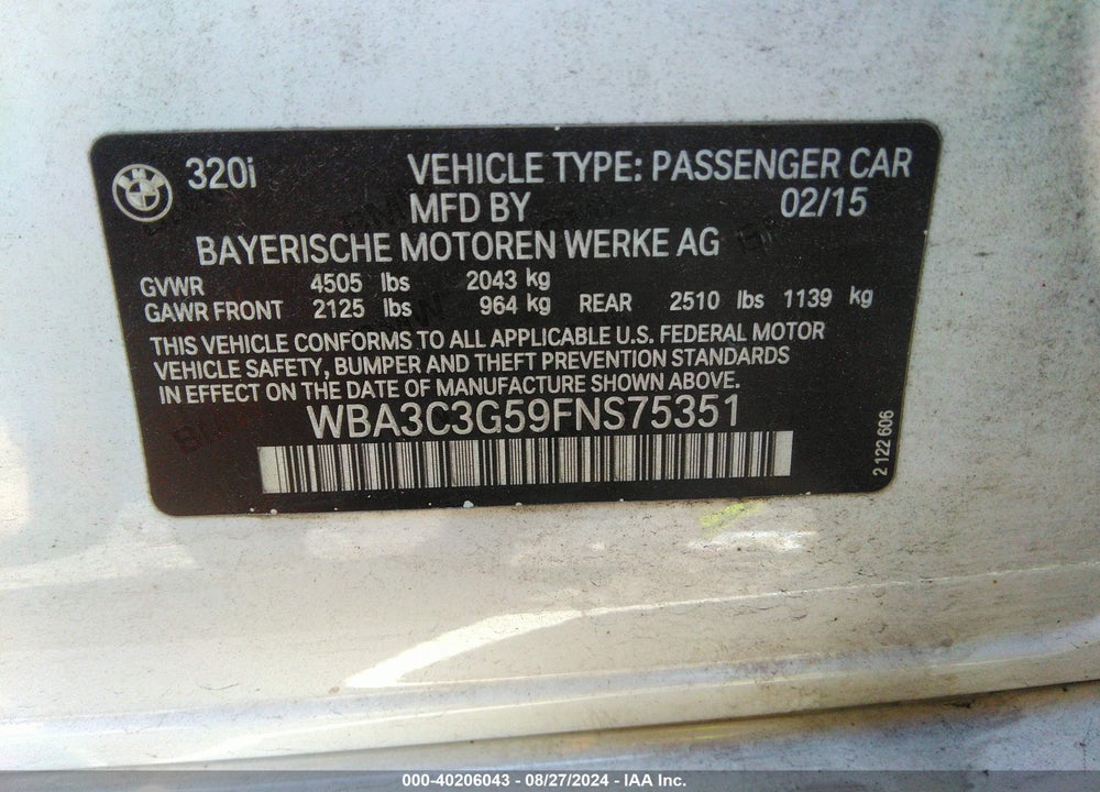 2015 BMW 320I XDRIVE VIN: WBA3C3G59FNS75351