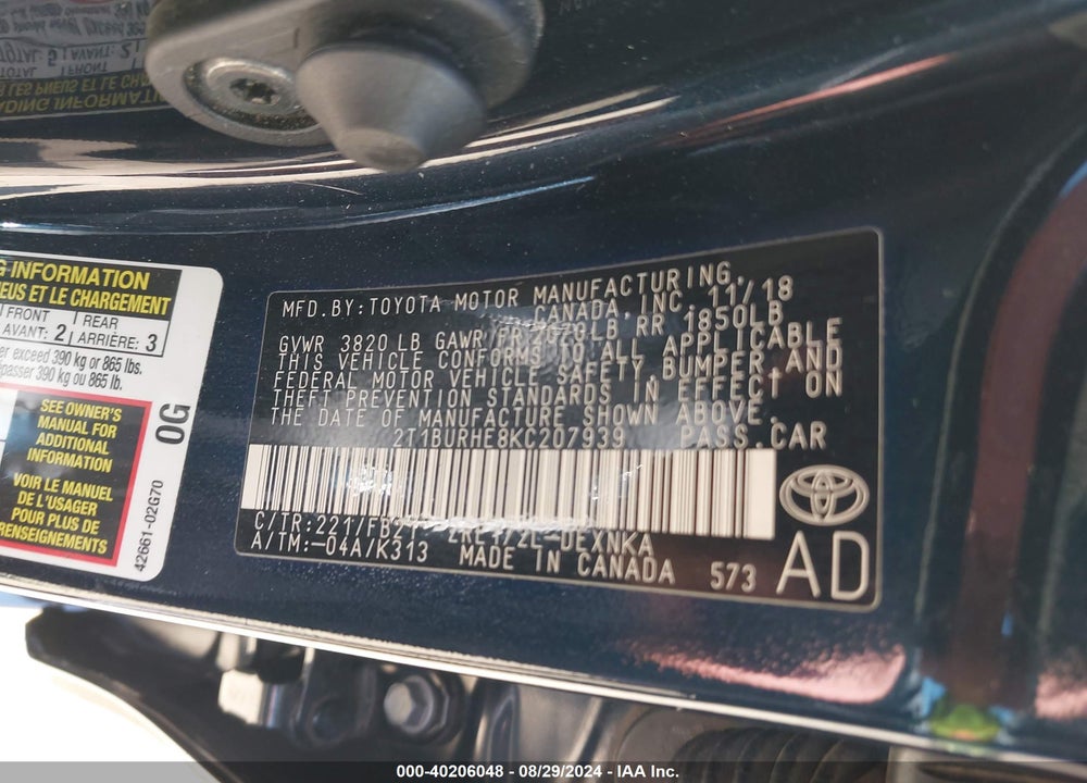 2019 TOYOTA COROLLA LE VIN: 2T1BURHE8KC207939
